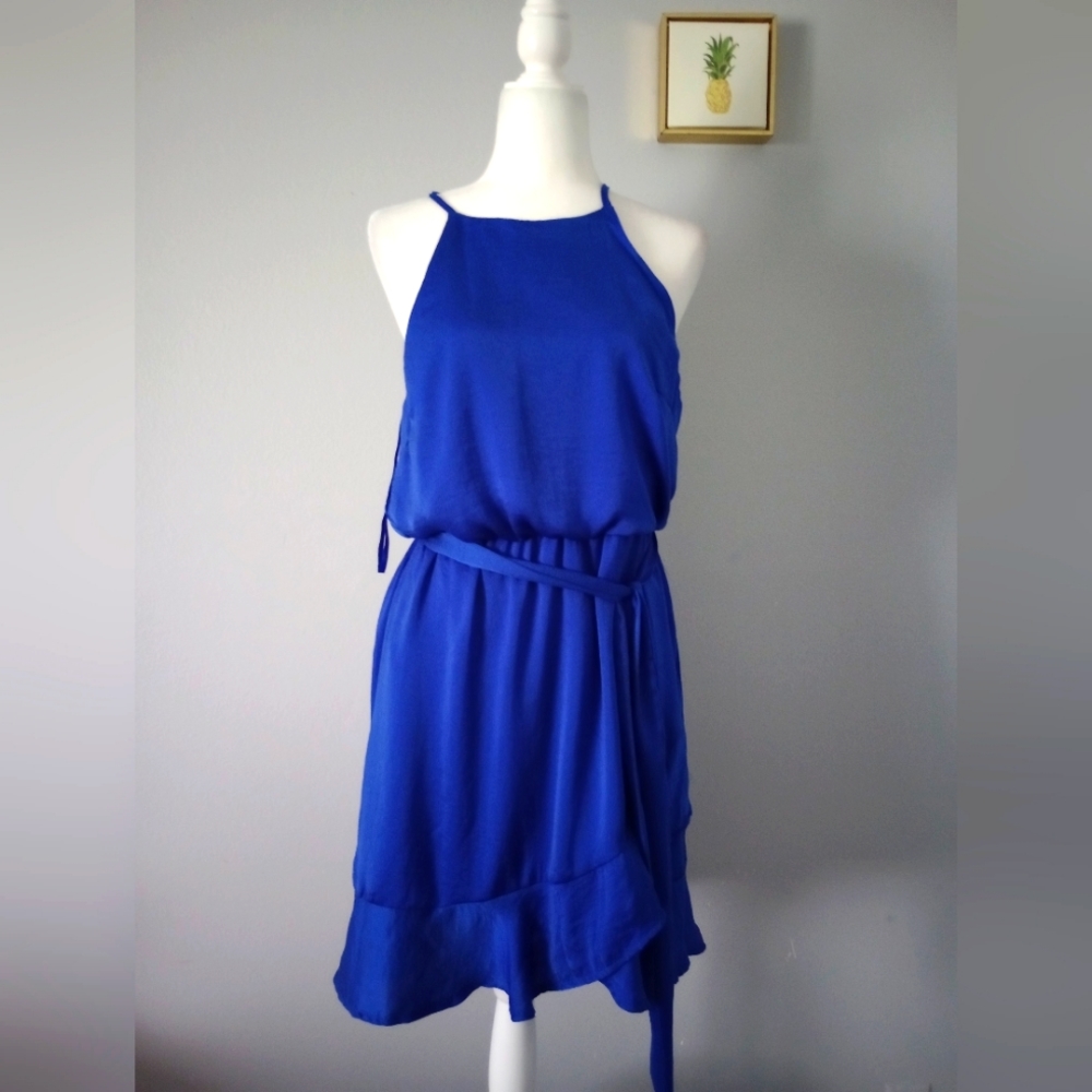Casual dress  Evelyn Blue  sleeveless satin with ruffles hem  royal blue  Medium